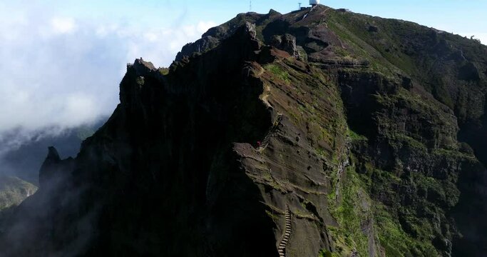 People At The Hiking Trail From Pico do Arieiro In Madeira island, Portugal. Aerial Drone Shot