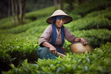 A woman in a tea plantation wearing a hat and holding a bucket Generative AI - obrazy, fototapety, plakaty
