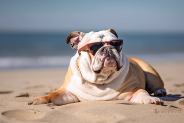 A bulldog wearing sunglasses sits on a beach. Generative AI