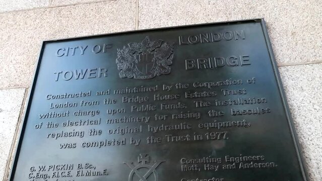 Information panel of the construction of Tower Bridge in 1977. London, England
