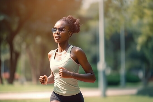 A woman running in a park wearing sunglasses Generative AI
