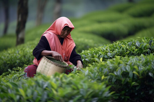 A woman in a tea plantation picking tea leaves. Generative AI
