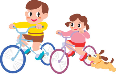 自転車に乗る男の子と女の子と犬

