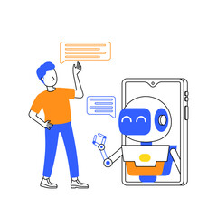 human interaction with robot on smartphone or chatbot artificial intelligence chatting with ai for answer of question duo tone illustration