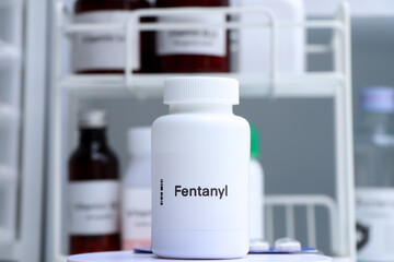 Fentanyl pill in white bottle, pill stock