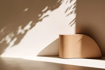 Blank beige brown cement curve counter podium with texture, soft beautiful dappled sunlight, leaf shadow on white wall, concept for luxury product display, created with Generative AI