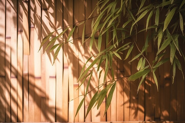 Soft and beautiful foliage dappled sunlight shadow of brown wooden panel wall, concept for luxury product display, interior design decoration background, created with Generative AI