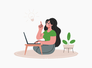 Fototapeta na wymiar Young woman finding solution.Working,studying from home.Vector illustration