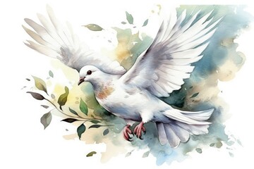 graceful white dove in flight captured in watercolor painting created with Generative AI technology - obrazy, fototapety, plakaty