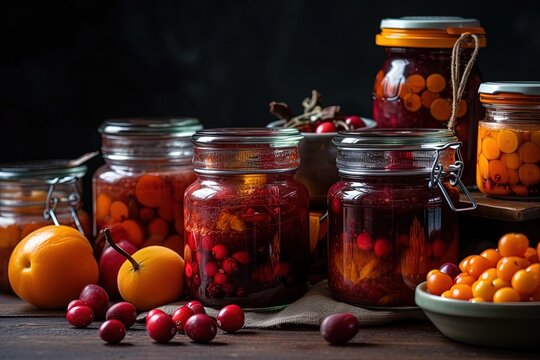 colorful display of assorted fruits in glass jars on a rustic wooden table created with Generative AI technology