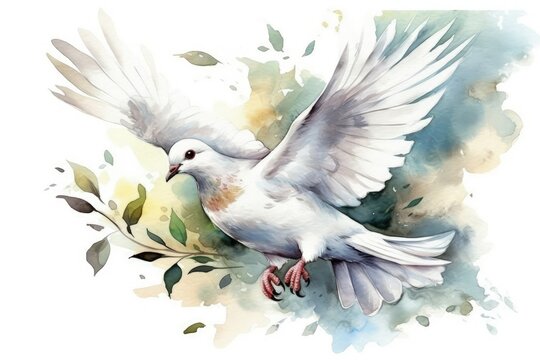 graceful white dove in flight captured in watercolor painting created with Generative AI technology