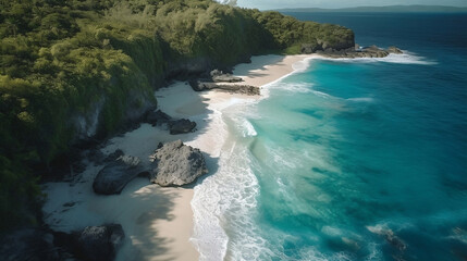 Drone view of Aerial view of the sea, A located slide of reef, surf, sea, shore, bay, river, and cliff. approach, Iguazu, crocodile, pipeline, and lagoon. generative ai