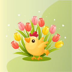 spring card with chicken and tulips