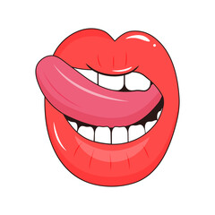 Lips with tongue in pop art style. Woman's half-open mouth with sticking out tongue.