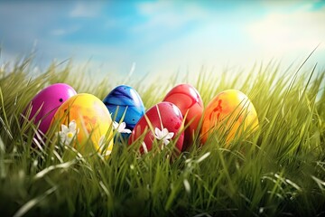 Illustration of colorful Easter eggs nestled in green grass created with Generative AI technology