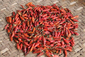 Cayenne pepper being dried in the sun on a woven surface. To be used as seeds