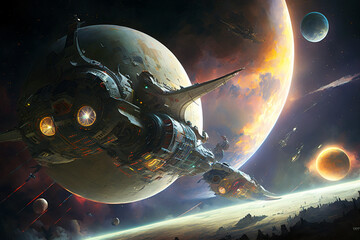 Obraz premium Cosmic adventure featuring a space ship. Generative ai illustration