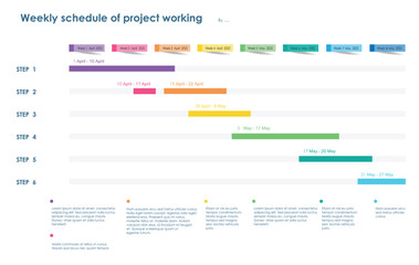 timeline weekly schedule roadmap project diagram Infographic template for business. 8 week 6 step modern Timeline schedule diagram with presentation vector timeline roadmap infographic. - obrazy, fototapety, plakaty