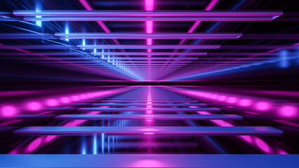 Art abstract futuristic background with creative virtual tunnel with neon blue and purple fluorescent lights and bright illumination in 3d render illustration format - 586026398