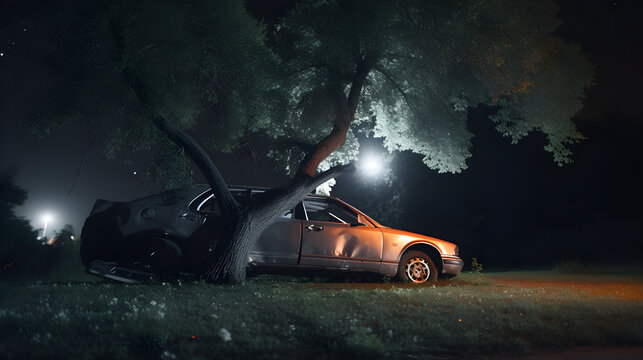 Car In The Forest, A Wide Distant Shot Behind A Crashed Car Against A Tree In A Dark, Moody City Park At Night With No Street Lights With Busy Traffic In The Distance And A Clear Night Sky 