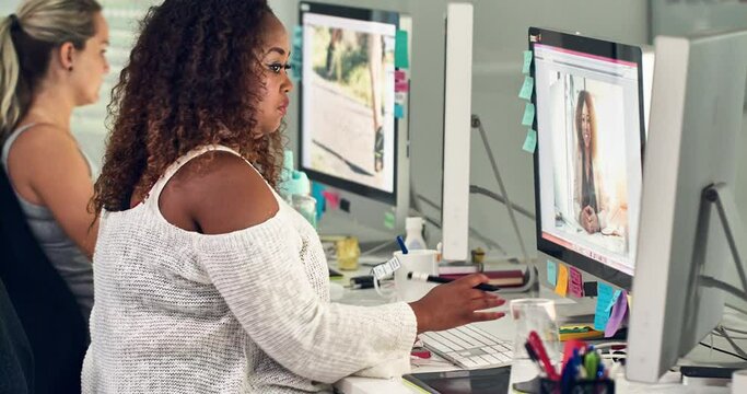 Photography editing, design software of a woman working with internet app in a office. Photo editor work, creative content manager and employee planning a tech magazine layout for online website