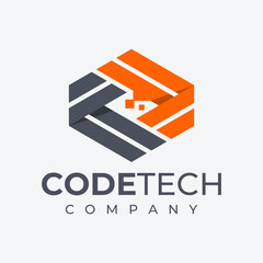 Modern technology pixel coding logo design brand