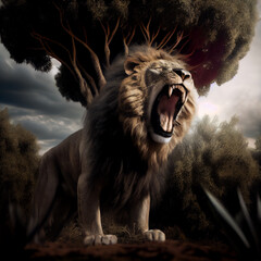 roaring lion in front of a majestic olive tree Generative AI