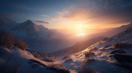 Sunset in the mountains. Sunrise in the mountains. Beautiful winter landscape,Mountain landscape at sunset. Panoramic view of the mountains.Generative Ai