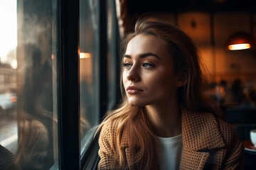 Young woman sitting in a coffee shop looking out the window, AI Generated