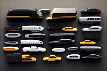 Rendering of "Vehicles in Symmetry: A Knolling Collection". Generative AI. 