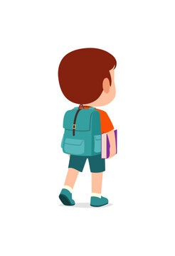 little kid go to school alone and feel happy, back view