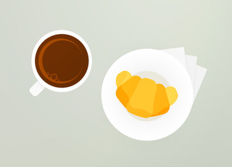 Cozy morning breakfast, complete with steaming cup of coffee and flaky croissant on plate with napkins. Illustration for cafes, restaurants, and any business promoting a warm and welcoming atmosphere