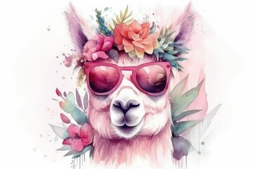 cool llama wearing sunglasses and a colorful flower crown created with Generative AI technology