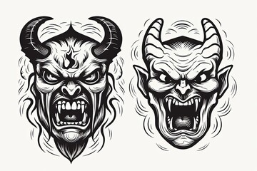 Illustration of two fierce demon masks with sharp fangs and horns created with Generative AI technology
