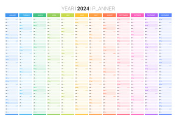 Planner calendar for 2024 year, annual wall organizer, scheduler. Corporate and business planner, 12 months set. Printable schedule journal with space for personal notes vector illustration