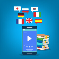 Learning Foreign Language Courses. Smartphone with Educational App. 