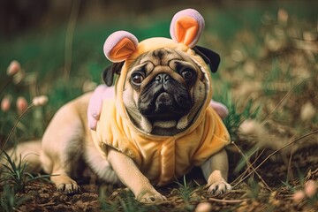 Fototapeta na wymiar cute pug dog dressed up as a bunny for Easter created with Generative AI technology