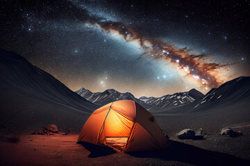 A tent pitched up and glowing under the milky way. Generative Ai