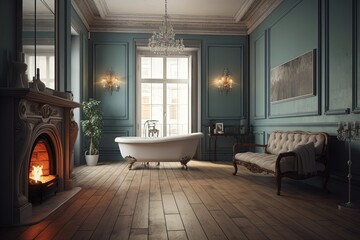 luxurious bathroom with a cozy fireplace and elegant bathtub created with Generative AI technology