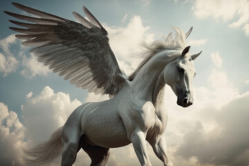 Obraz na płótnie Canvas pegasus, a mythological animal, a horse with wings, gallops against the sky, generative AI