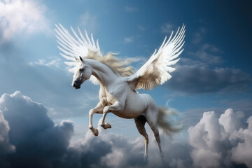 pegasus, a mythological animal, a horse with wings, gallops against the sky, generative AI