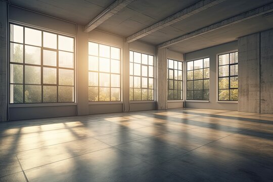 empty room with large windows and tiled floor created with Generative AI technology