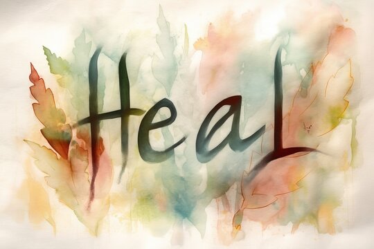 watercolor painting of the word heal" with a soft and calming color palette created with Generative AI technology"