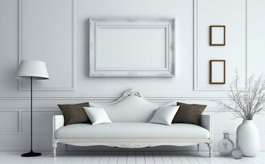 White Picture frame hanging on white wall, white sofa, simple wooden frame, Boho style, Generative IA