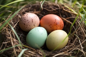 Naklejka na ściany i meble bird nest with multiple eggs nestled in grass created with Generative AI technology