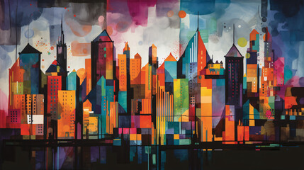 Colorful water color urban city generative ai