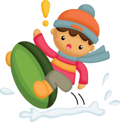 a vector of a boy on a snow sled