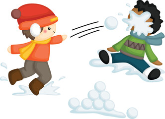 a vector of kids having snowball fight