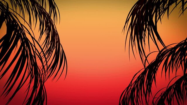 Silhouette of palm trees border gently waving on a sunshine background. Sunset palm frame with gradient colors.