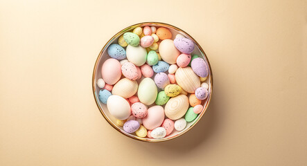 A bowl of easter eggs on a beige background